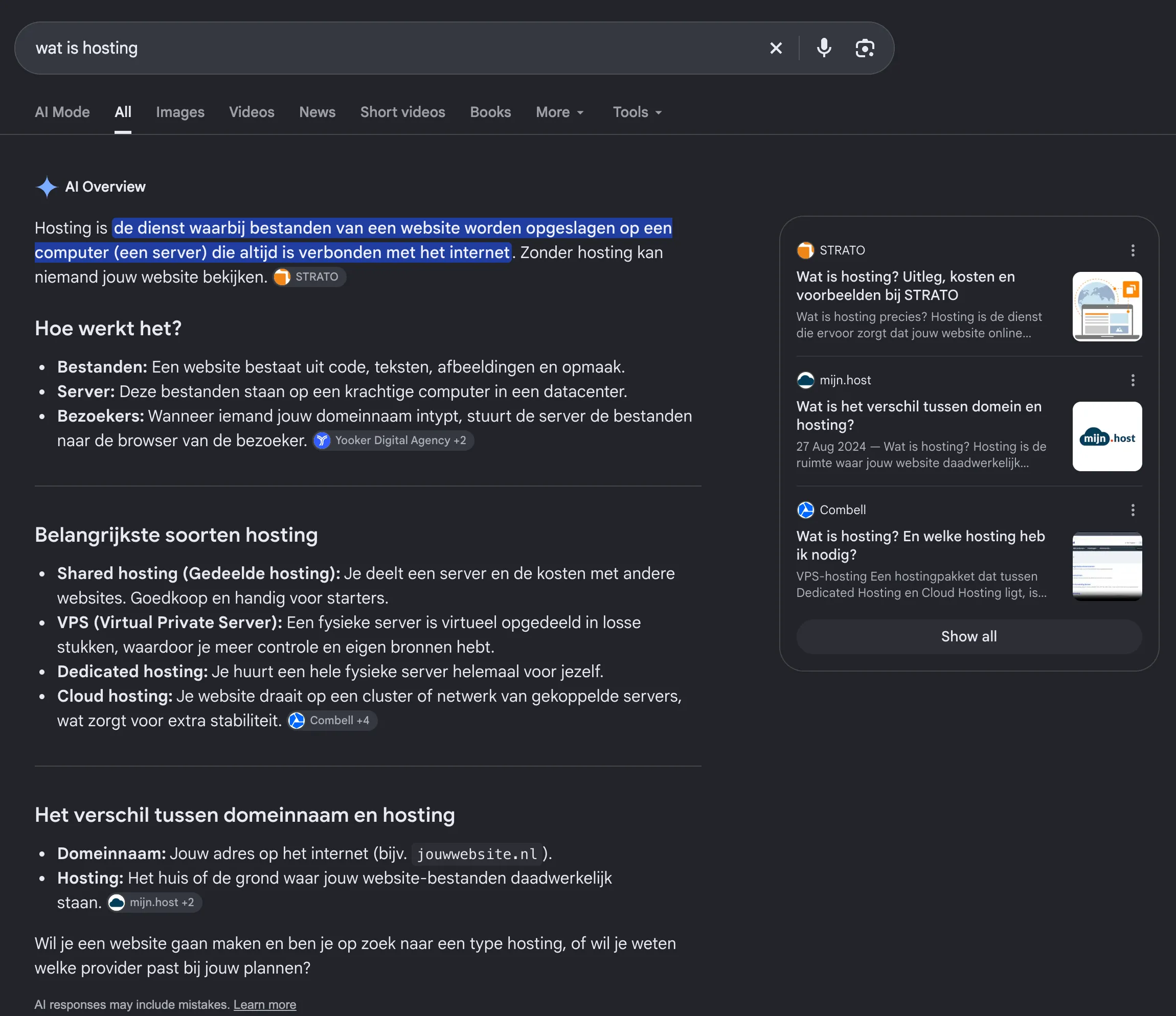 AI Overview voor wat is hosting vult het hele scherm, met rechts bronnen van STRATO, mijn.host en Combell