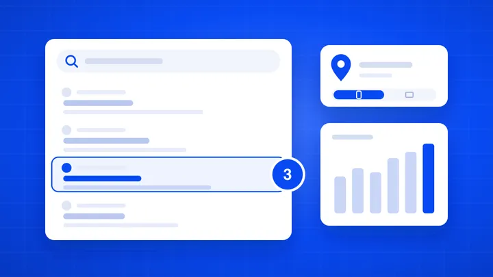 Zoekresultaten met het eigen resultaat op plek 3, locatiekeuze en een stijgende weekgrafiek