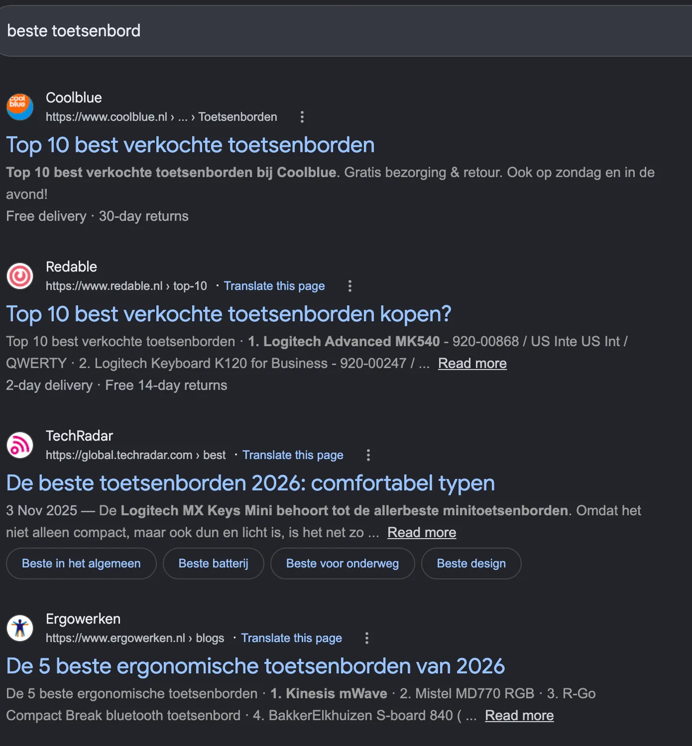 Organische resultaten voor beste toetsenbord: Coolblue en drie lijstjes met de beste toetsenborden bovenaan