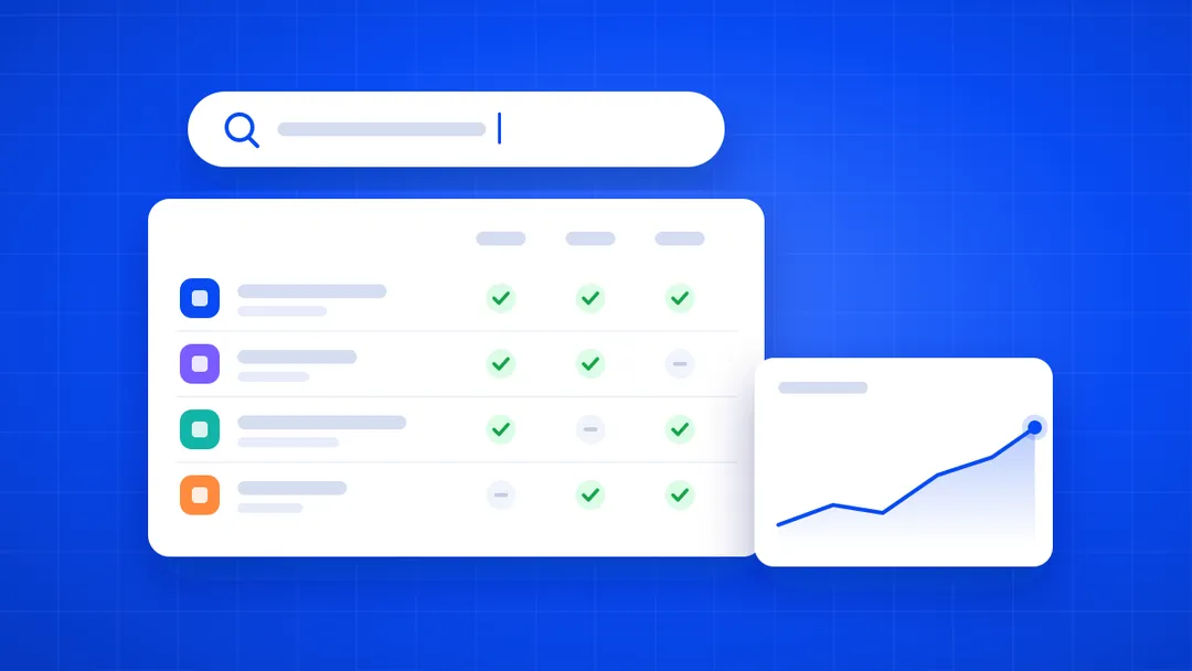 Zoekbalk boven een vergelijkingstabel van SEO-tools en een grafiek met een stijgende lijn