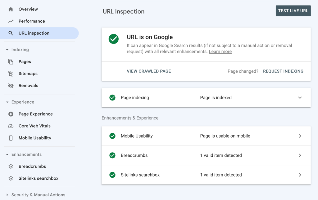 Reputate - Google Search Console URL Inspection Tool