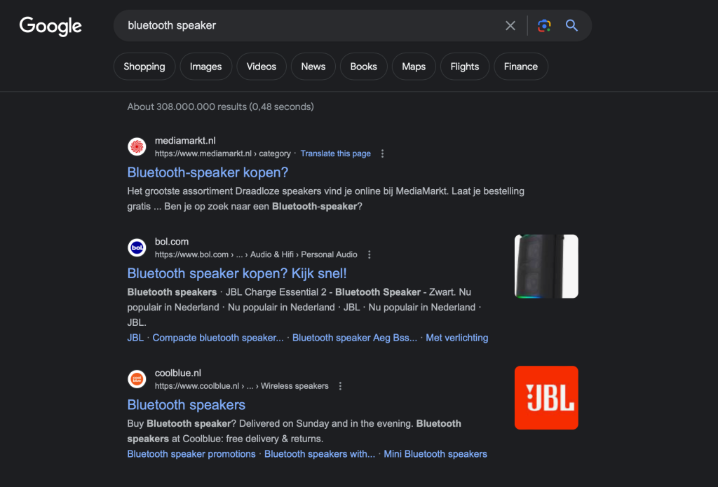 Google zoekresultaten voor keyword "bluetooth speaker"