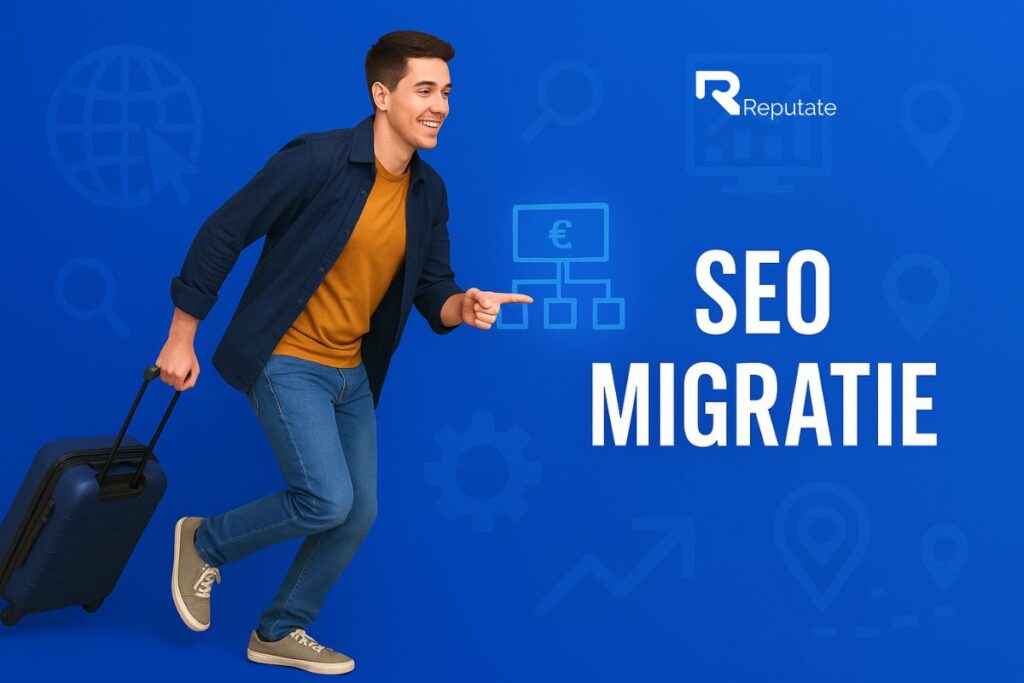 Een rennende man met een koffer, en de tekst "SEO migratie" ernaast
